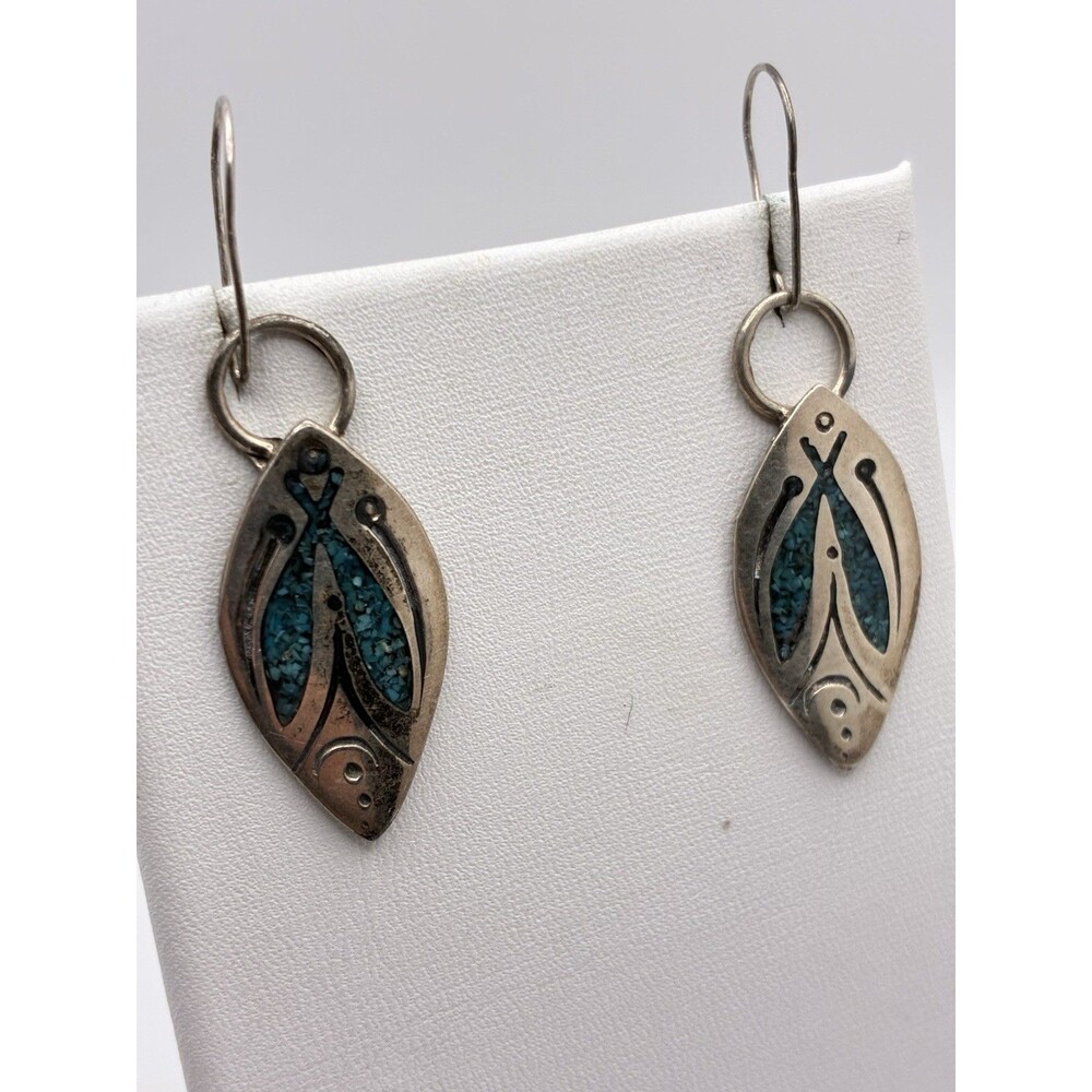 Fish Shape Turquoise Chip Inlay Hook Pierced Earrings Sterling Silver Signed STG